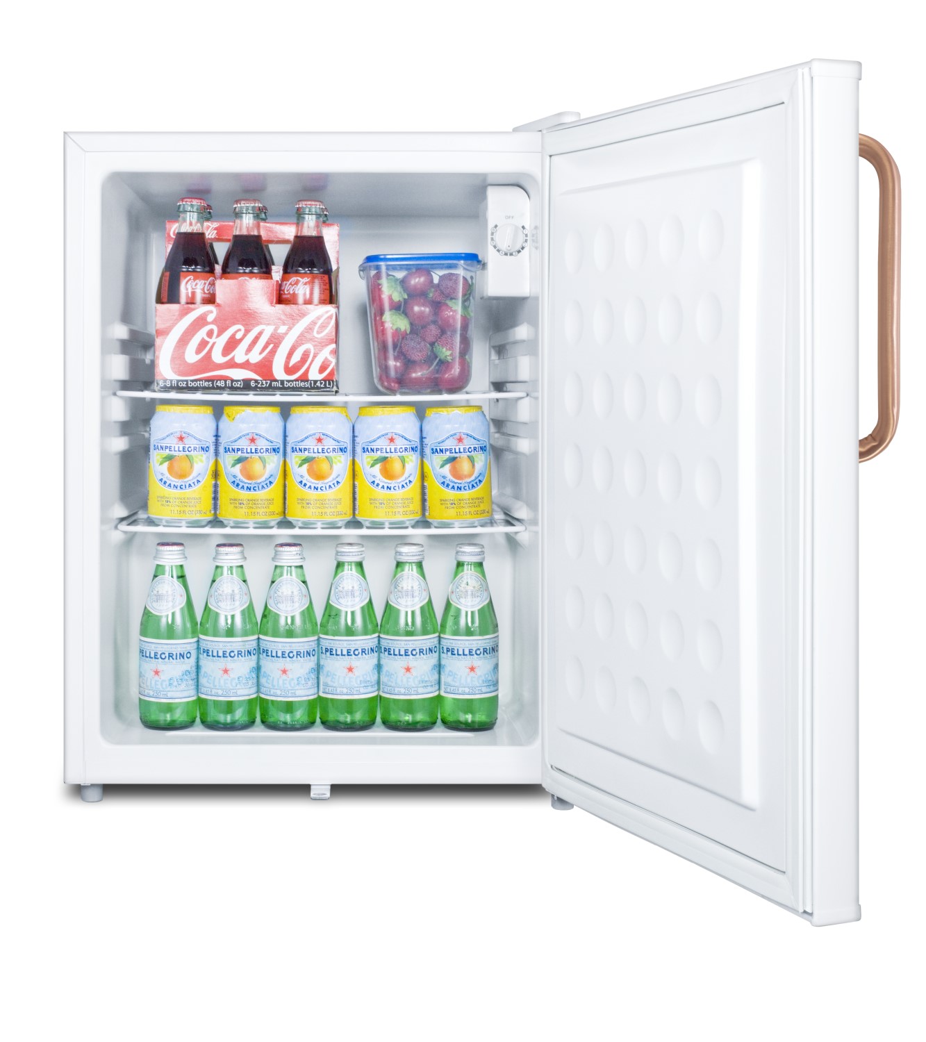 Compact all-refrigerator with automatic defrost, pure copper handle, front-mounted lock, and white finish